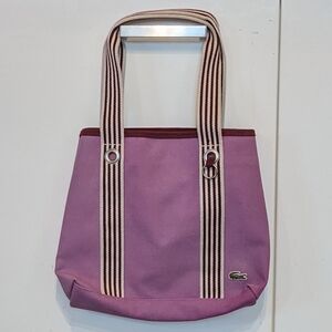 Lacoste Heavy Duty Canvas Preppy Spring Beach Tote Bag With Pouch Purple Stripes
